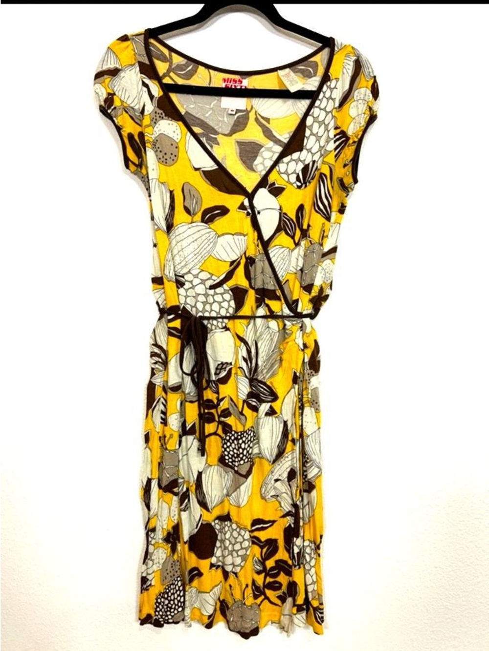 Y2K Miss Sixty Euro Summer Wrap Midi Dress Made in Italy Yellow & Brown Floral
